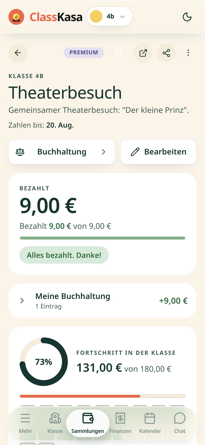 Eine Klassensammlung für einen Ausflug in ClassKasa: der Termin, wie viel diese Familie gezahlt hat, der Fortschritt der Klasse