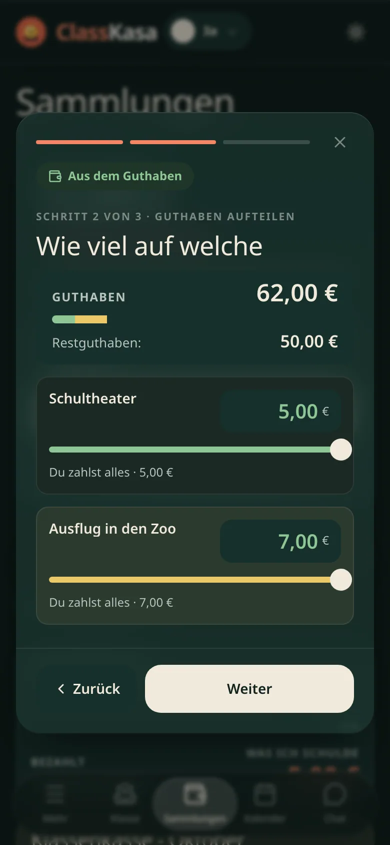 Eine Überzahlung im Familien-Wallet in ClassKasa: wie viel bleibt, wie viel geht in die nächsten Sammlungen