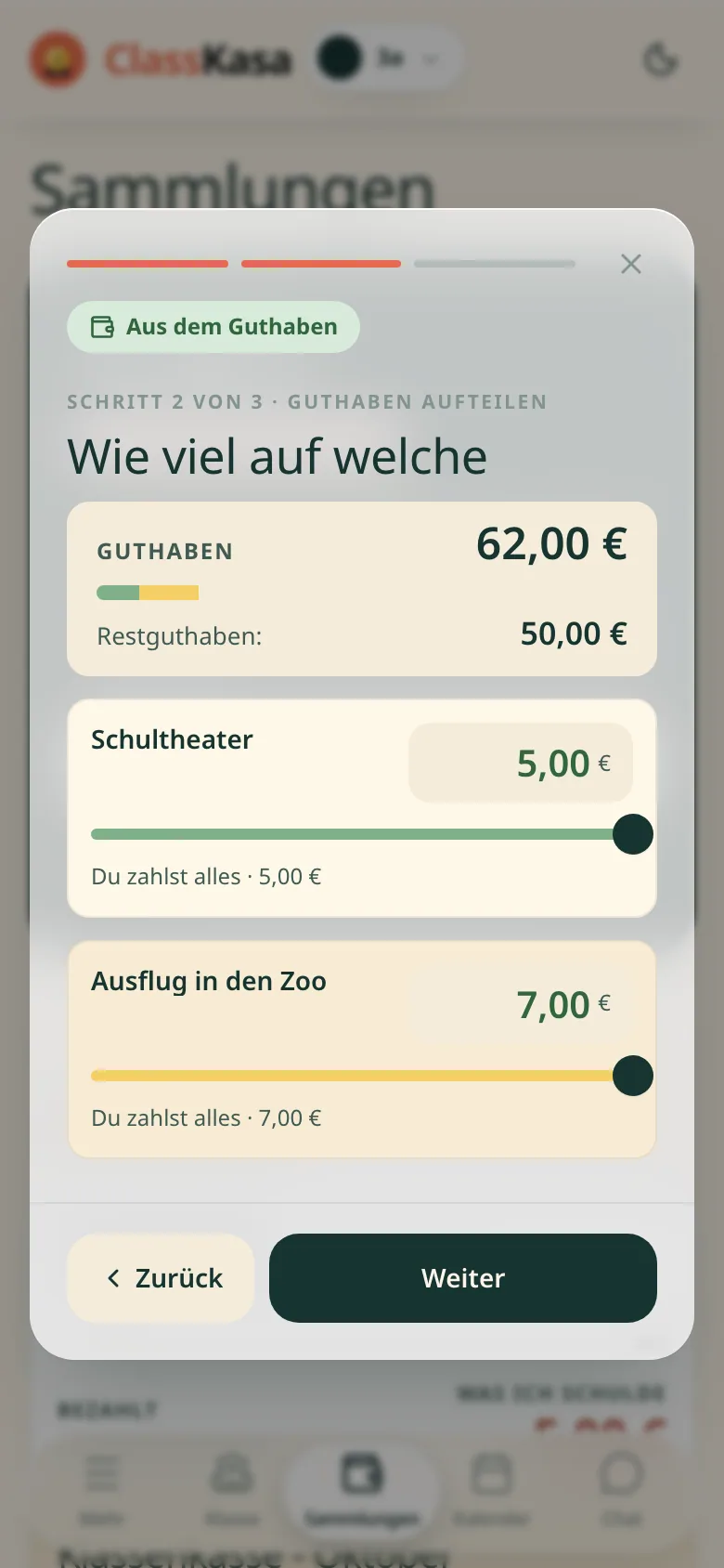 Eine Überzahlung im Familien-Wallet in ClassKasa: wie viel bleibt, wie viel geht in die nächsten Sammlungen