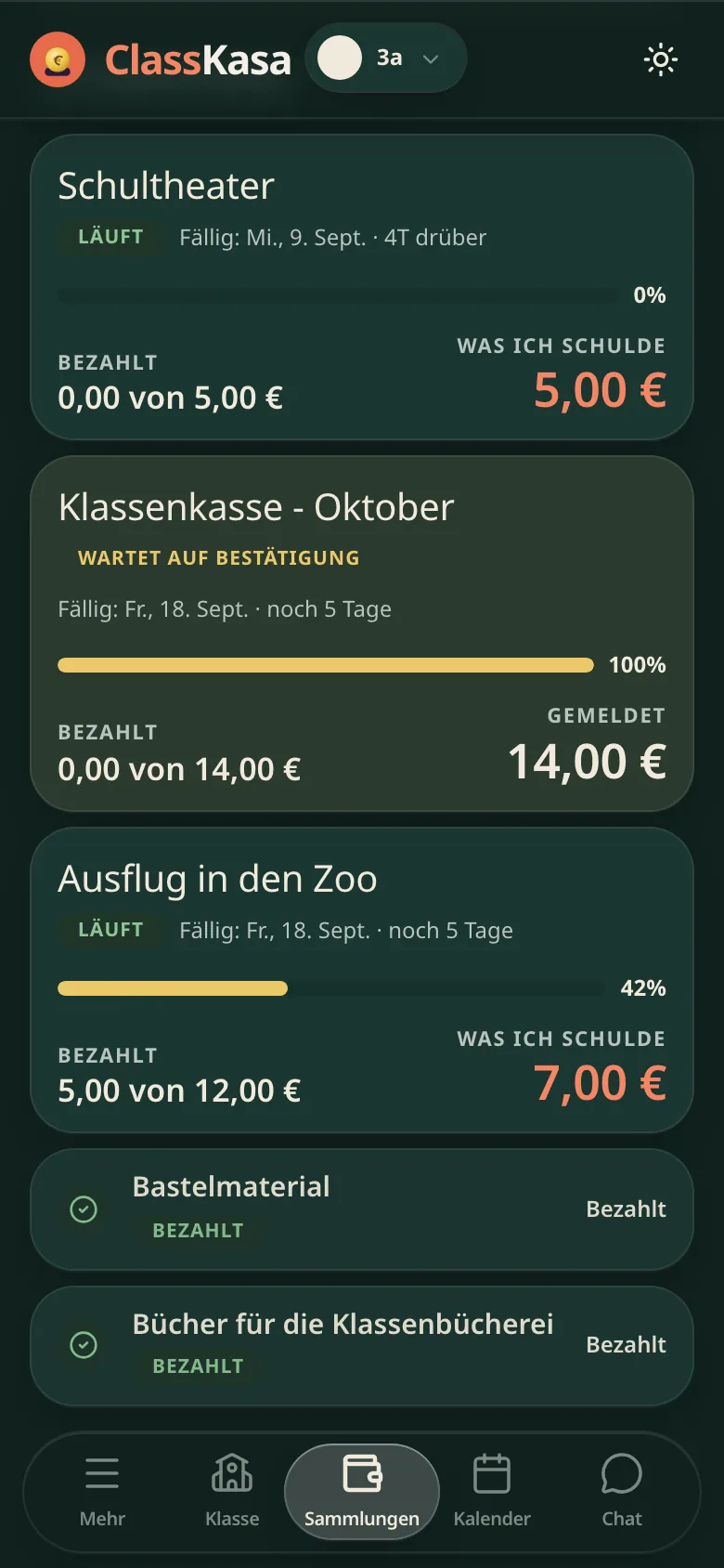 Klassenbeiträge eines Elternteils in ClassKasa: was fällig ist, was auf Bestätigung wartet, was bezahlt ist