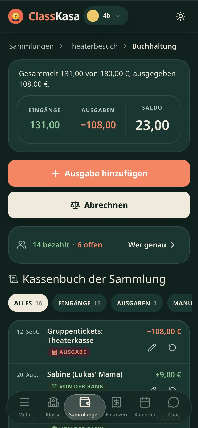 Abrechnung einer Klassensammlung in ClassKasa: eingenommen, ausgegeben, Saldo und Posten für Posten