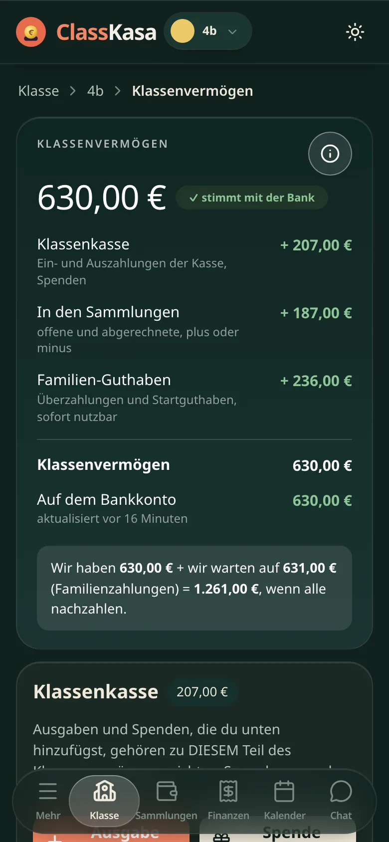 Das Klassengeld in ClassKasa: das Vermögen der Klasse aufgeteilt in Fonds, Sammlungssalden und Familien-Wallets, stimmig mit der Bank