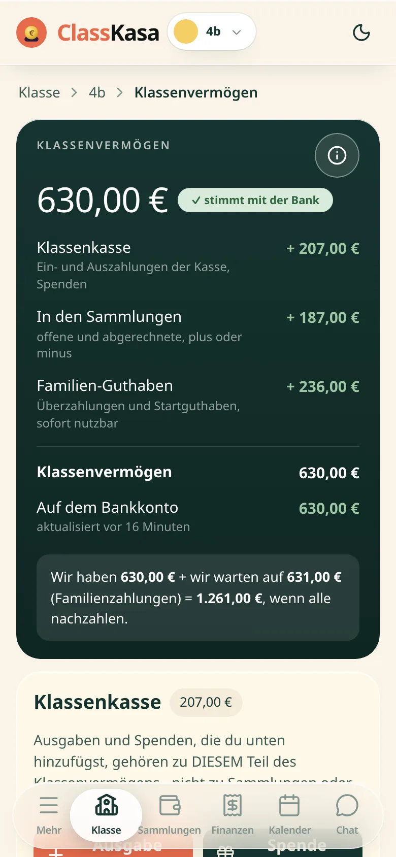 Das Klassengeld in ClassKasa: das Vermögen der Klasse aufgeteilt in Fonds, Sammlungssalden und Familien-Wallets, stimmig mit der Bank